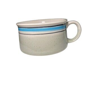 Vintage Speckled Stoneware Soup Mug With Blue Stripe